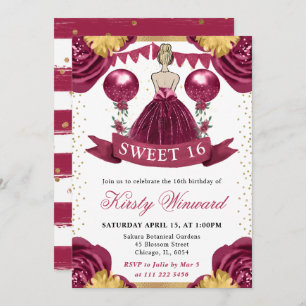 Burgundy Red Dress Blonde Hair Princess Sweet 16 Invitation