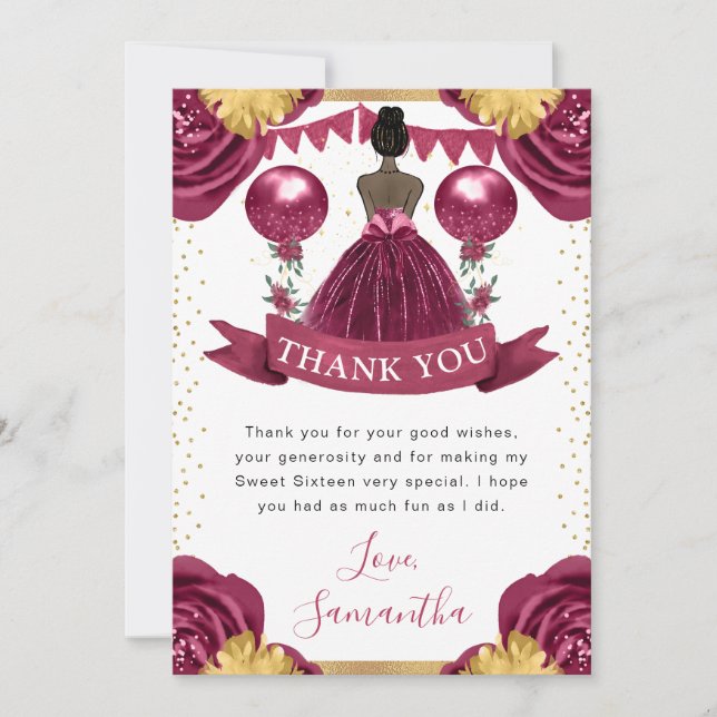 Burgundy Red Dress Dark Skin Princess Sweet 16 Thank You Card (Front)