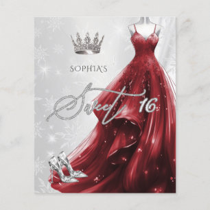 Burgundy Red Dress Snowflakes Sweet 16 Invitation
