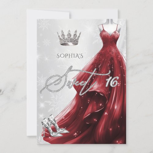 Burgundy Red Dress Snowflakes Winter Sweet 16 Invitation