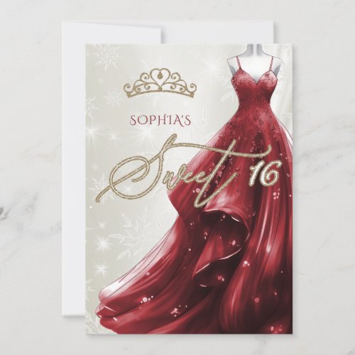 Burgundy Red Dress Snowflakes Winter Sweet 16 Invitation