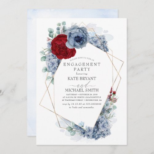 Burgundy Red Dusty Blue Floral Engagement Party Invitation