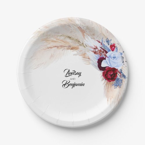 Burgundy Red Dusty Blue Floral Pampas Grass Paper Plates