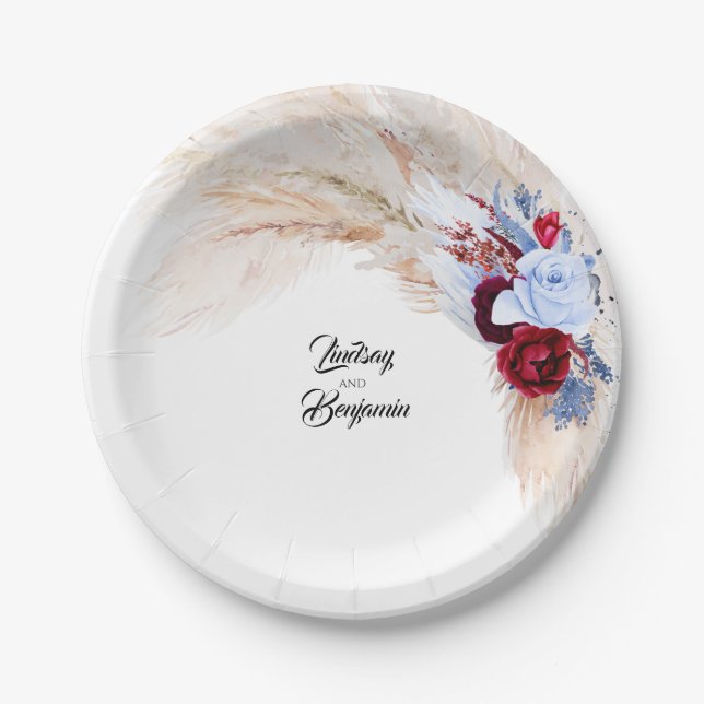 Burgundy Red Dusty Blue Floral Pampas Grass Paper Plates (Front)