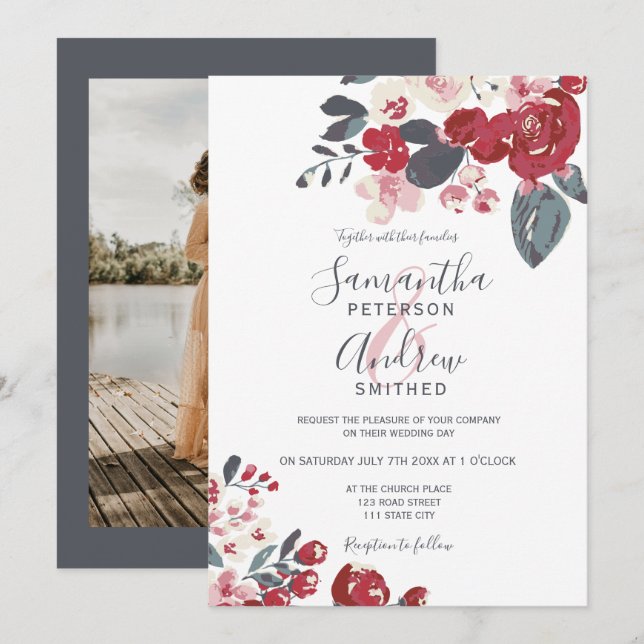 Burgundy red dusty blue floral photo wedding invitation (Front/Back)