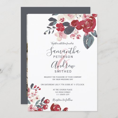 Burgundy red dusty blue floral photo wedding invitation