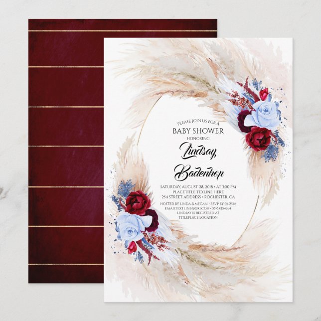 Burgundy Red Dusty Blue Pampas Grass Baby Shower Invitation (Front/Back)