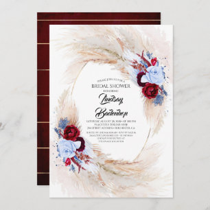 Burgundy Red Dusty Blue Pampas Grass Bridal Shower Invitation