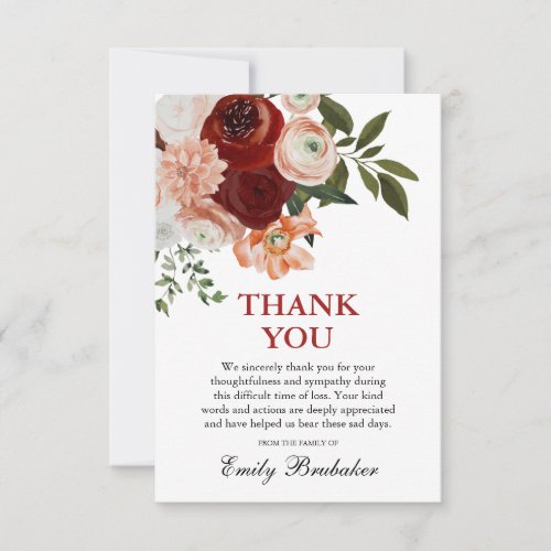 Burgundy Red Dusty Terracotta Floral Funeral Thank You Card