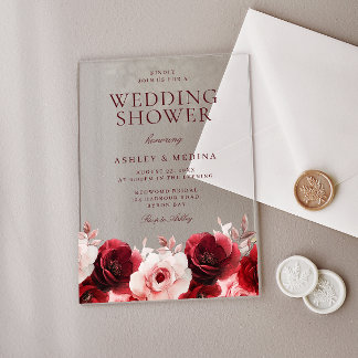 Burgundy Red Elegance: Red Rose Wedding Shower Acrylic Invitations