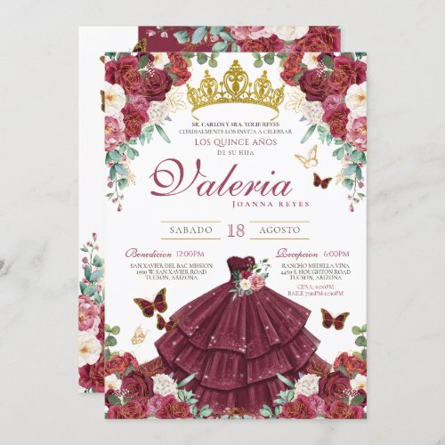Burgundy Red Elegant Buttefly Princess Quinceaera Invitation