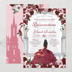 Burgundy Red Elegant Charro Princess Quinceanera Invitation