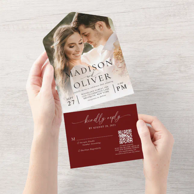 Burgundy Red Elegant Classic QR Code Photo Wedding All In One ...
