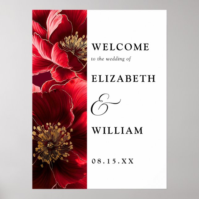 Burgundy Red Elegant Floral Wedding Welcome Sign (Front)