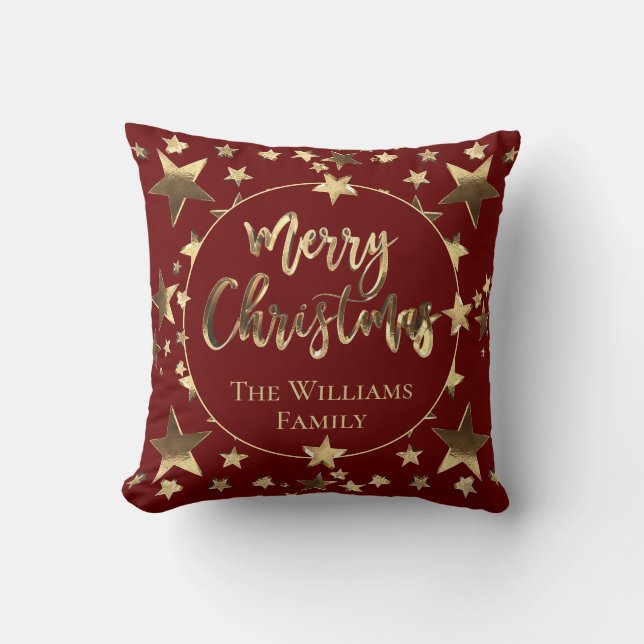 Burgundy Red Elegant Gold Script Merry Christmas Throw Pillow (Front)