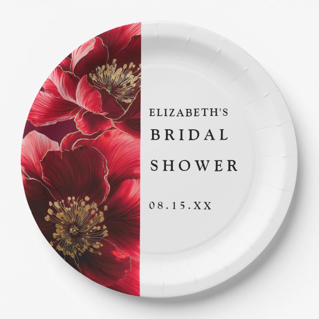 Burgundy Red Elegant Modern Floral Bridal Shower Paper Plates (Front)