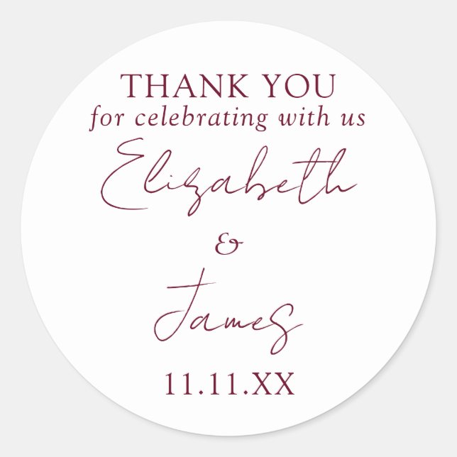Burgundy Red Elegant Script Wedding Thank You Classic Round Sticker (Front)
