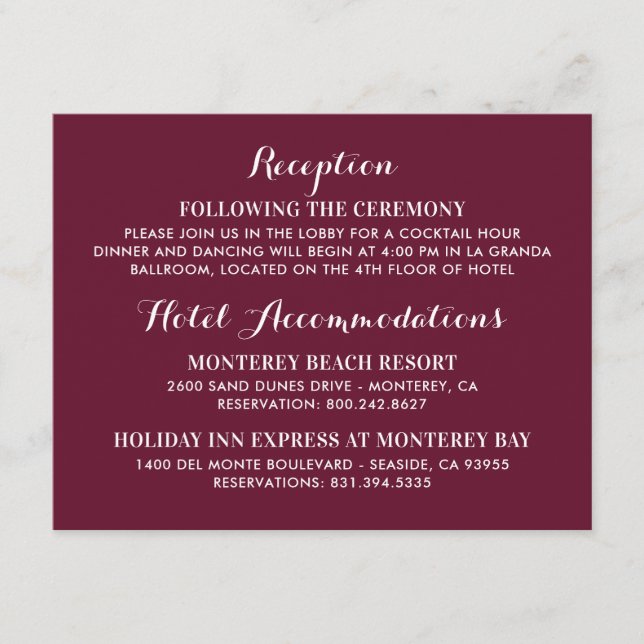 Burgundy Red Elegant Wedding Information Enclosure Card (Front)