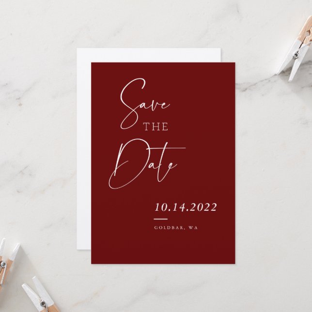 Burgundy Red Fall Chic Script Save the Date Invitation (Front/Back In Situ)