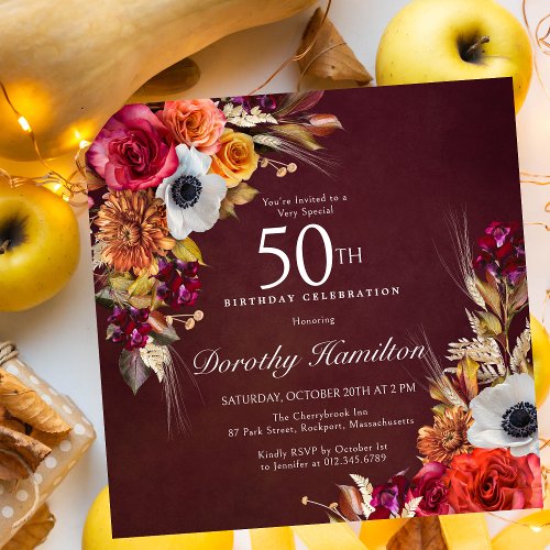 Burgundy Red Fall Flowers Script 50th Birthday Invitation