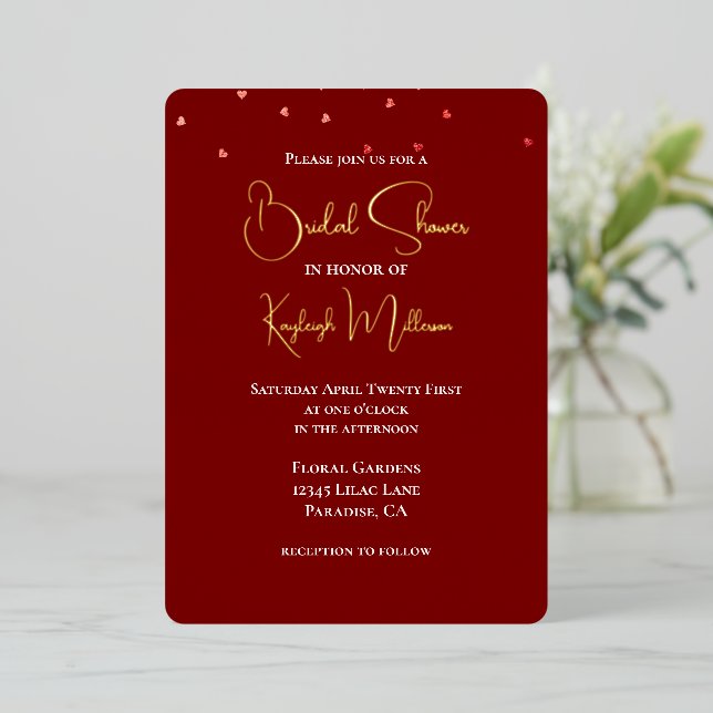 Burgundy Red Falling Hearts Bridal Shower Foil Invitation (Standing Front)