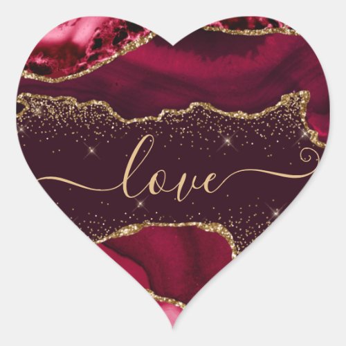 Burgundy Red  Faux Gold Glitter Agate Valentines Heart Sticker