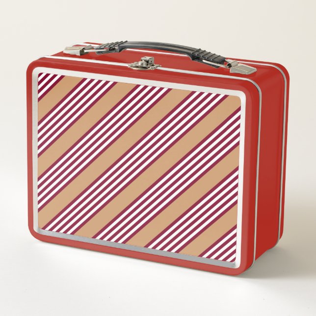 Burgundy red five stripes pattern metal lunch box (Front)