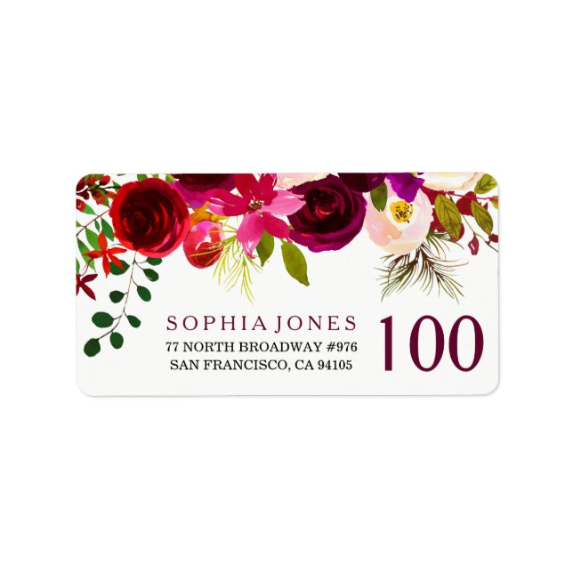 Burgundy Red Floral 100th Birthday Address Label (Front)