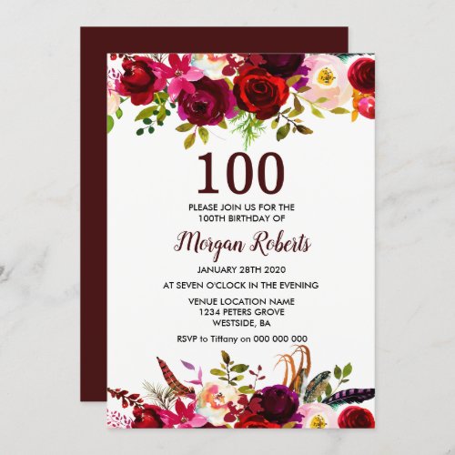 Burgundy Red Floral 100th Birthday Party Invite
