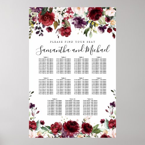 Burgundy Red Floral 11_Table Wedding Seating Chart