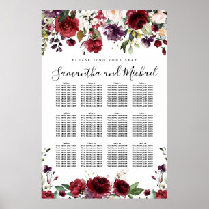 Burgundy Red Floral 12-Table Wedding Seating Chart