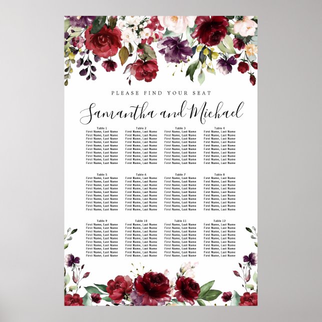 Burgundy Red Floral 12-Table Wedding Seating Chart (Front)