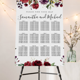Burgundy Red Floral 12-Table Wedding Seating Chart Foam Board