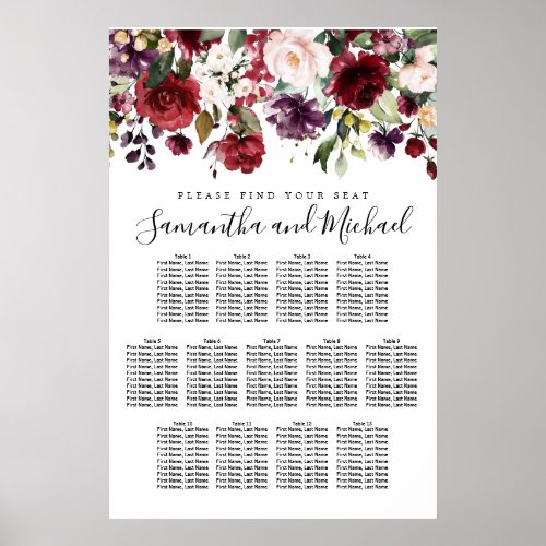 Burgundy Red Floral 13_Table Wedding Seating Char Poster
