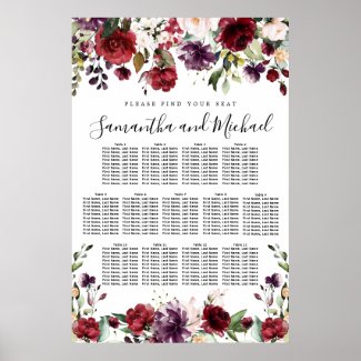 Burgundy Red Floral 13-Table Wedding Seating Chart