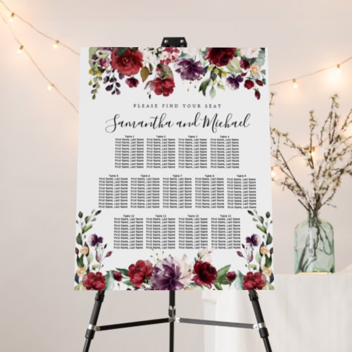 Burgundy Red Floral 13_Table Wedding Seating Chart Foam Board