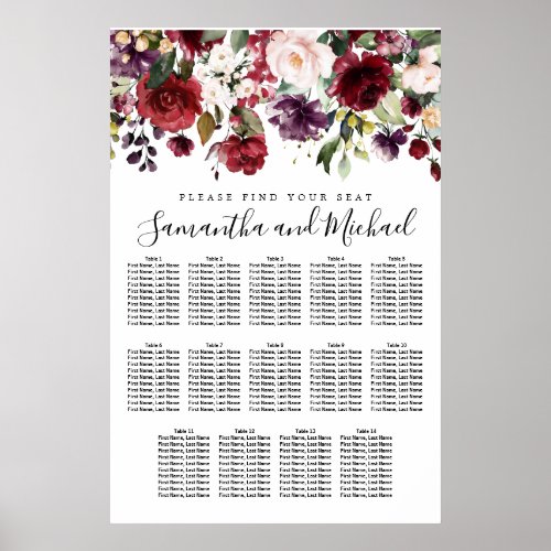 Burgundy Red Floral 14_Table Wedding Seating Char Poster