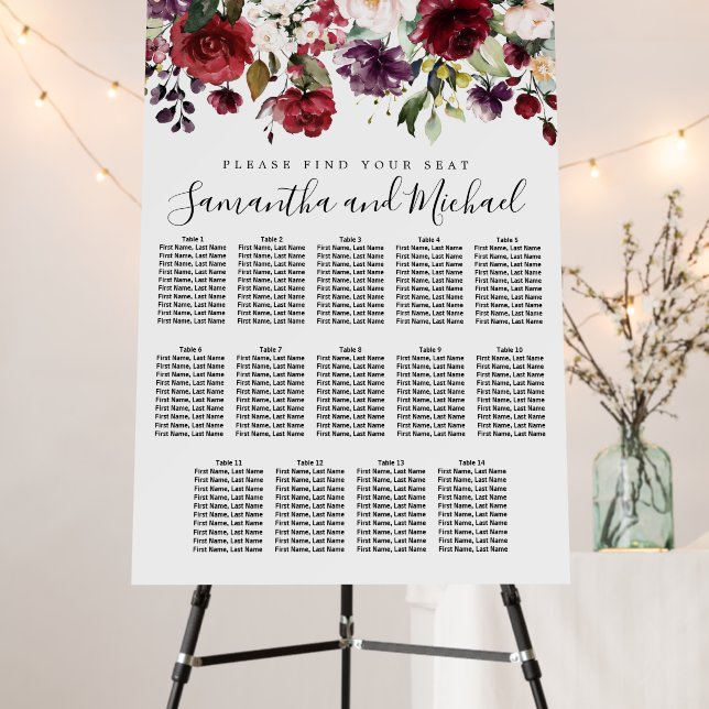 Burgundy Red Floral 14-Table Wedding Seating Chart Foam Board (In Situ (Stand))