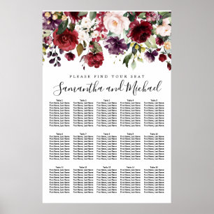 Burgundy Red Floral 15-Table Wedding Seating Chart