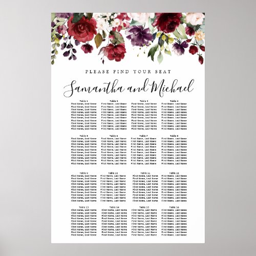 Burgundy Red Floral 16_Table Wedding Seating Chart