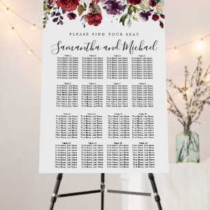 Burgundy Red Floral 16-Table Wedding Seating Chart Foam Board