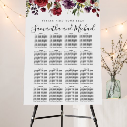 Burgundy Red Floral 16_Table Wedding Seating Chart Foam Board