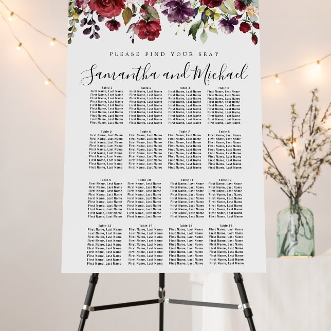 Burgundy Red Floral 16-Table Wedding Seating Chart Foam Board (In Situ (Stand))