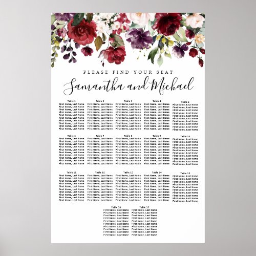 Burgundy Red Floral 17_Table Wedding Seating Chart