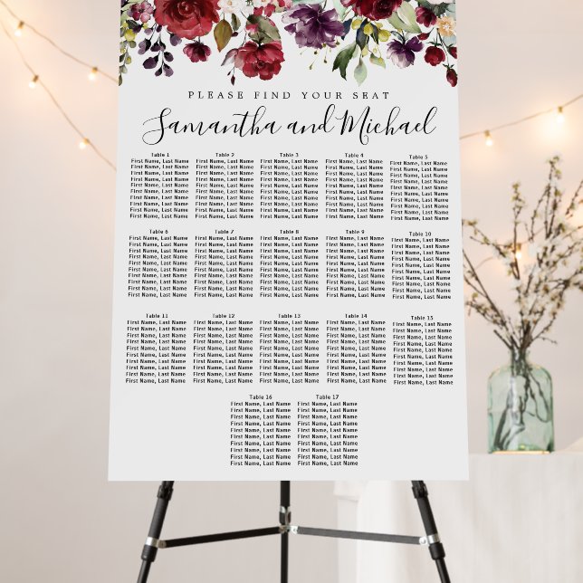 Burgundy Red Floral 17-Table Wedding Seating Chart Foam Board (In Situ (Stand))