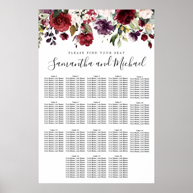Burgundy Red Floral 18-Table Wedding Seating Chart (Front)