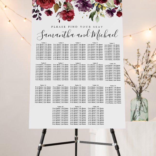 Burgundy Red Floral 18-Table Wedding Seating Chart Foam Board (In Situ (Stand))