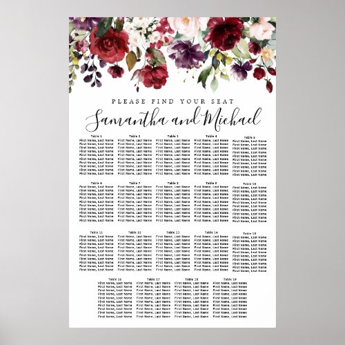 Burgundy Red Floral 19_Table Wedding Seating Chart