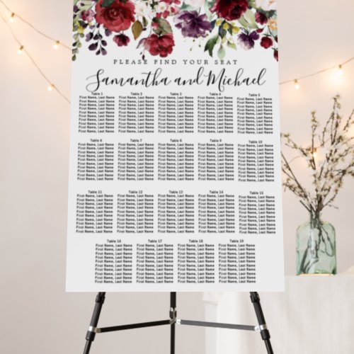 Burgundy Red Floral 19_Table Wedding Seating Chart Foam Board