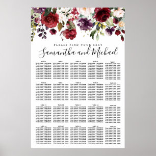 Burgundy Red Floral 20-Table Wedding Seating Chart